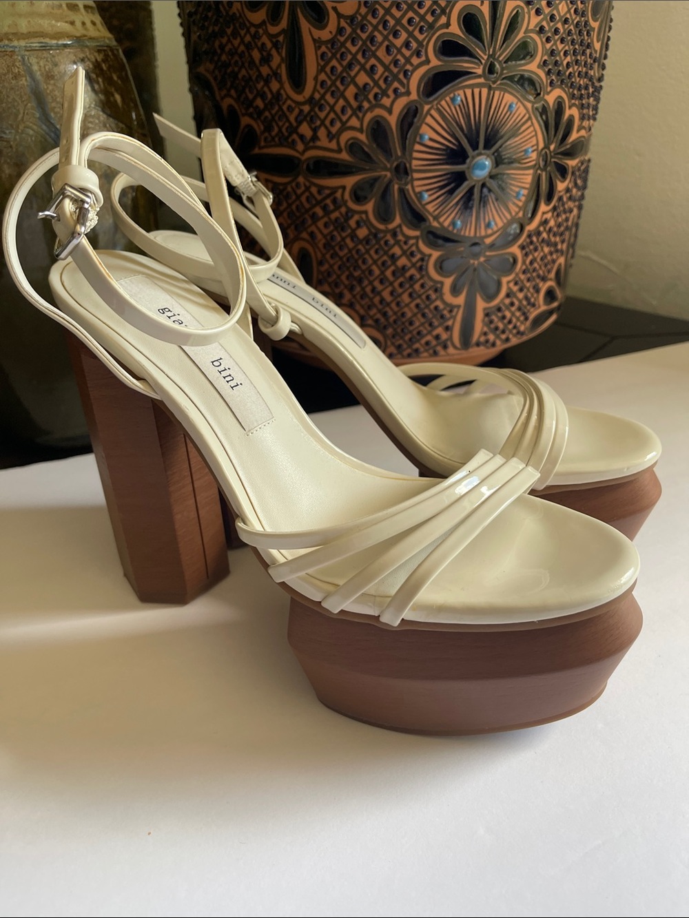 Gianni Bini Ivory Platform Block Heel Sandals - Strappy Ankle Strap Party Resort